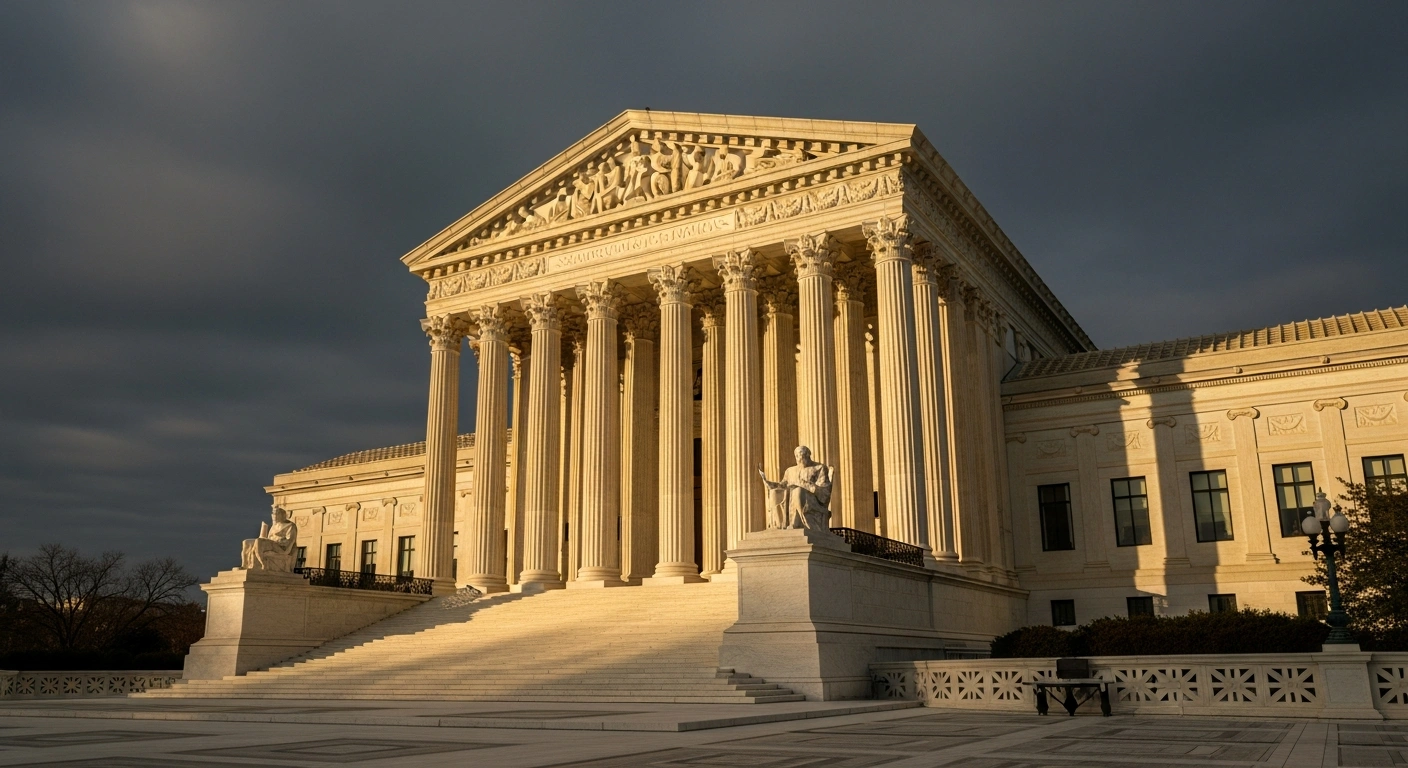 A wide, low-angle, photorealistic image of the U.S. Supreme Court building at dawn, its neoclassical facade illuminated by stark golden light and casting long shadows under an overcast sky, symbolizing the pivotal case challenging presidential authority on tariffs and its impact on global trade.