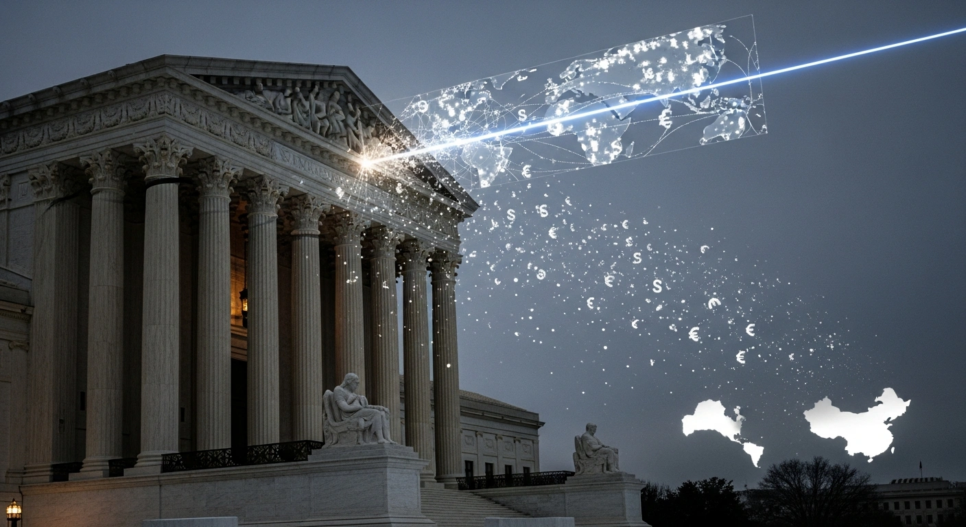 A dramatic visual depicting the U.S. Supreme Court building at dusk, where a powerful beam of light shatters a symbolic barrier representing tariffs imposed under the International Emergency Economic Powers Act, signifying the invalidation of certain tariffs impacting US-China trade relations.
