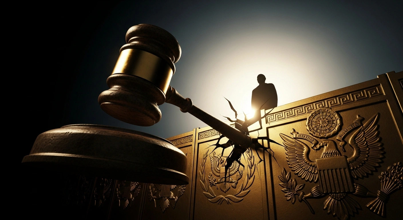 A dramatic low-angle shot shows a large stone gavel about to shatter a golden barrier representing US presidential tariff authority, while a distant silhouette of Chinese President Xi Jinping stands confidently against a rising sun, symbolizing the Supreme Court's decision to strike down Donald Trump's emergency tariffs and strengthen China's negotiating position.