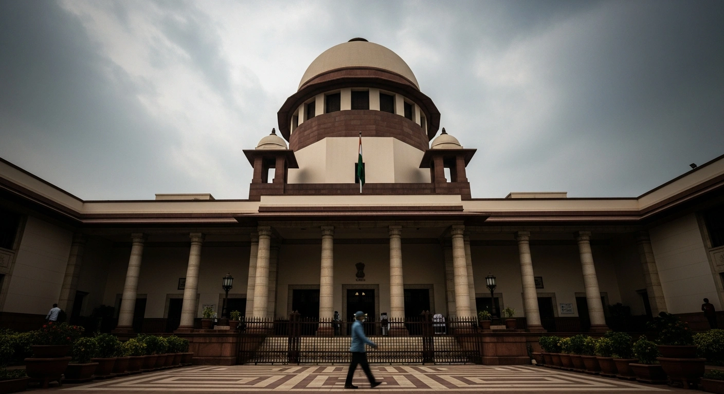 The Supreme Court of India building stands under a dramatic sky, representing the legal proceedings regarding voter list exclusions in West Bengal.