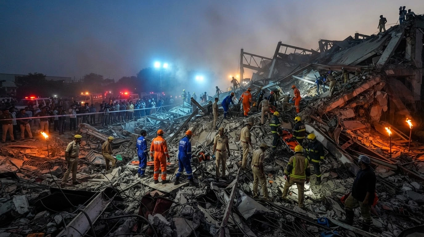 Emergency responders search through the debris of a collapsed six-storey building in the Sachin industrial area of Surat following a tragic incident.