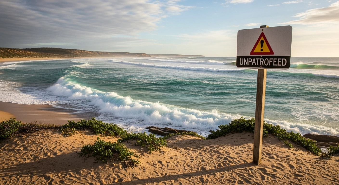 A solitary warning sign stands on a remote, unpatrolled Australian beach as Surf Life Saving Australia works to improve coastal safety and reduce drowning incidents.