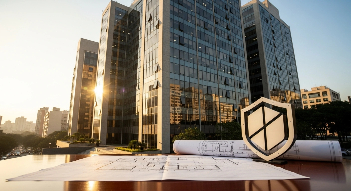 A professional office setting featuring architectural blueprints and a shield icon representing the new regulatory framework for mutual property protection established by SUSEP in Brazil.
