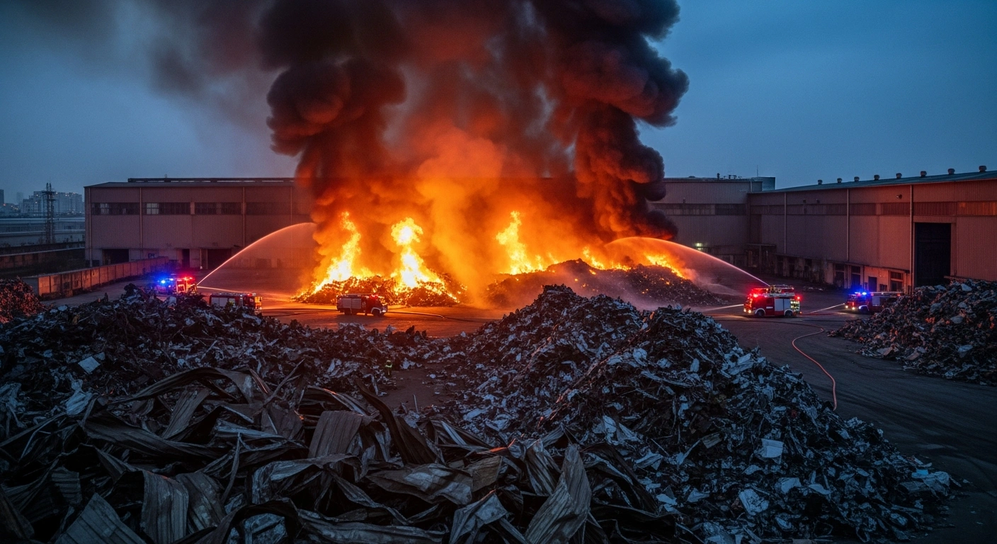 Emergency responders work to control a large fire at a scrap recycling warehouse in Luzhi township, Suzhou, China.