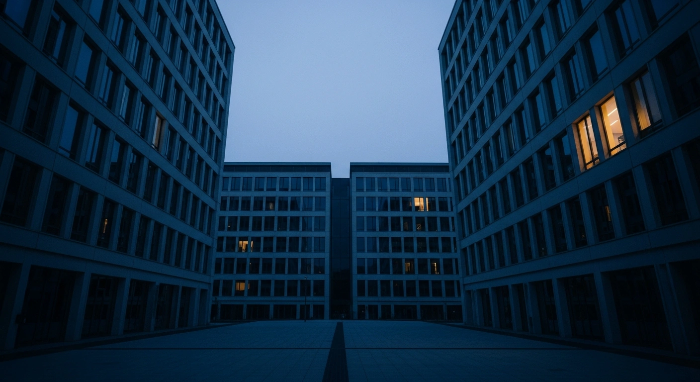 Two modern office buildings stand in the twilight, representing the ongoing communication channels between the Russian SVR and the US CIA.