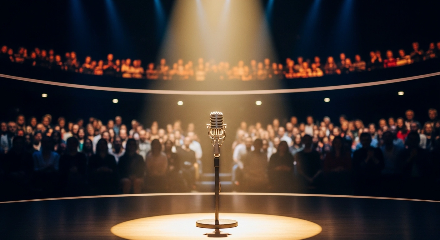 A brightly lit television studio stage features a prominent, ornate microphone under a focused spotlight, symbolizing Sveriges Television's reversal of its controversial decision to move the Melodifestivalen 'Final Qualifier' announcement back to live broadcast on SVT1.