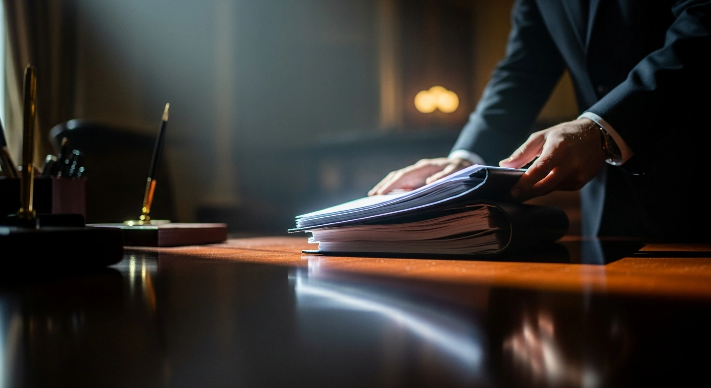 A stack of legal documents sits on a desk in a dimly lit office, representing the investigation into unfounded allegations against Representative Eric Swalwell.