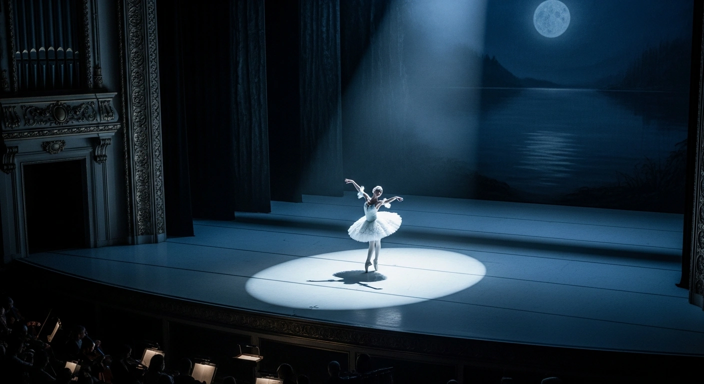 A prima ballerina in a white tutu performs a dramatic scene from Pyotr I. Tchaikovsky's 'Swan Lake' ballet on a grand stage, illuminated by a single spotlight, representing the International Festival Ballet and Festival Orchestra's upcoming performance in Schaan, Liechtenstein, on January 20, 2026, at the Grosser Saal - SAL.