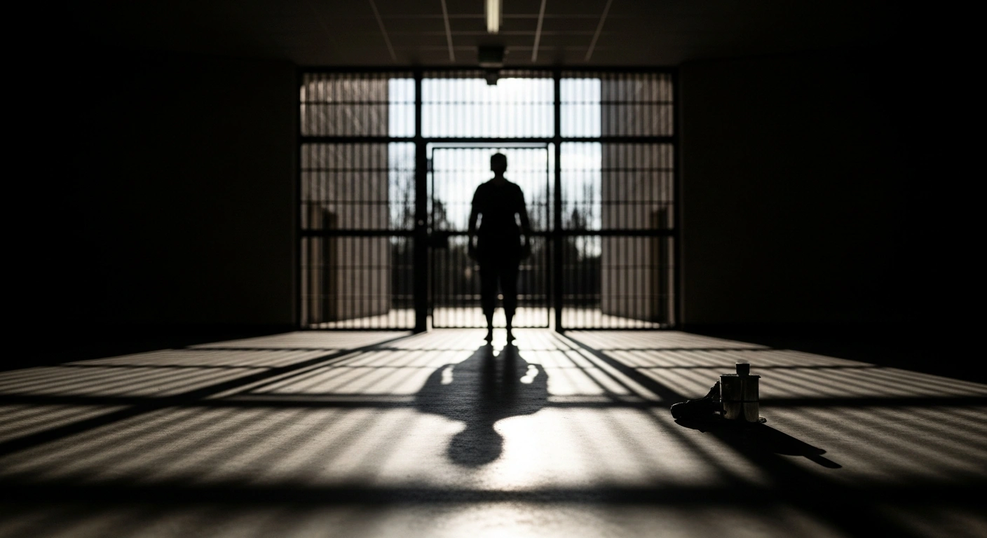 A lone, silhouetted figure stands before a blurred prison gate on a sterile concrete floor, with a subtle metallic gleam from an indistinct object nearby, symbolizing the controversial proposal by Sweden's Social Democrats for chemical castration as a condition for release from prison.