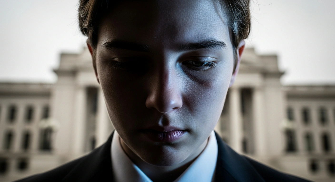 A young person, appearing to be 18-20 years old, stands with a downcast gaze in a dimly lit, formal setting, symbolizing the rejection of a Swedish Green and Left parties' initiative to stop teen deportations and extend family immigration eligibility.