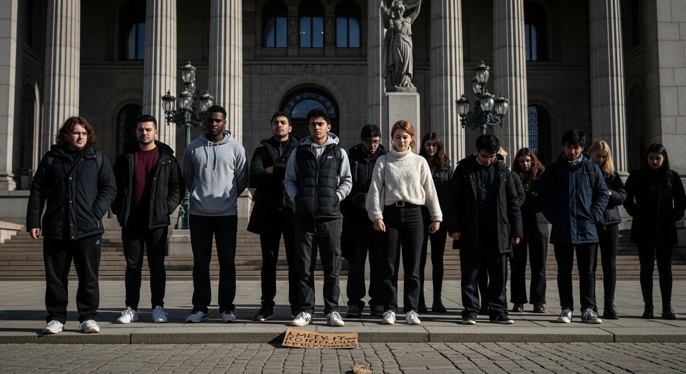 A group of diverse young people with somber, resigned expressions stand before the imposing, grey facade of a parliamentary building, with a crumpled protest sign at their feet, visually representing the failed proposals by the Green, Left, and Social Democrat parties to halt teen deportations under Sweden's 2021 Aliens Act.