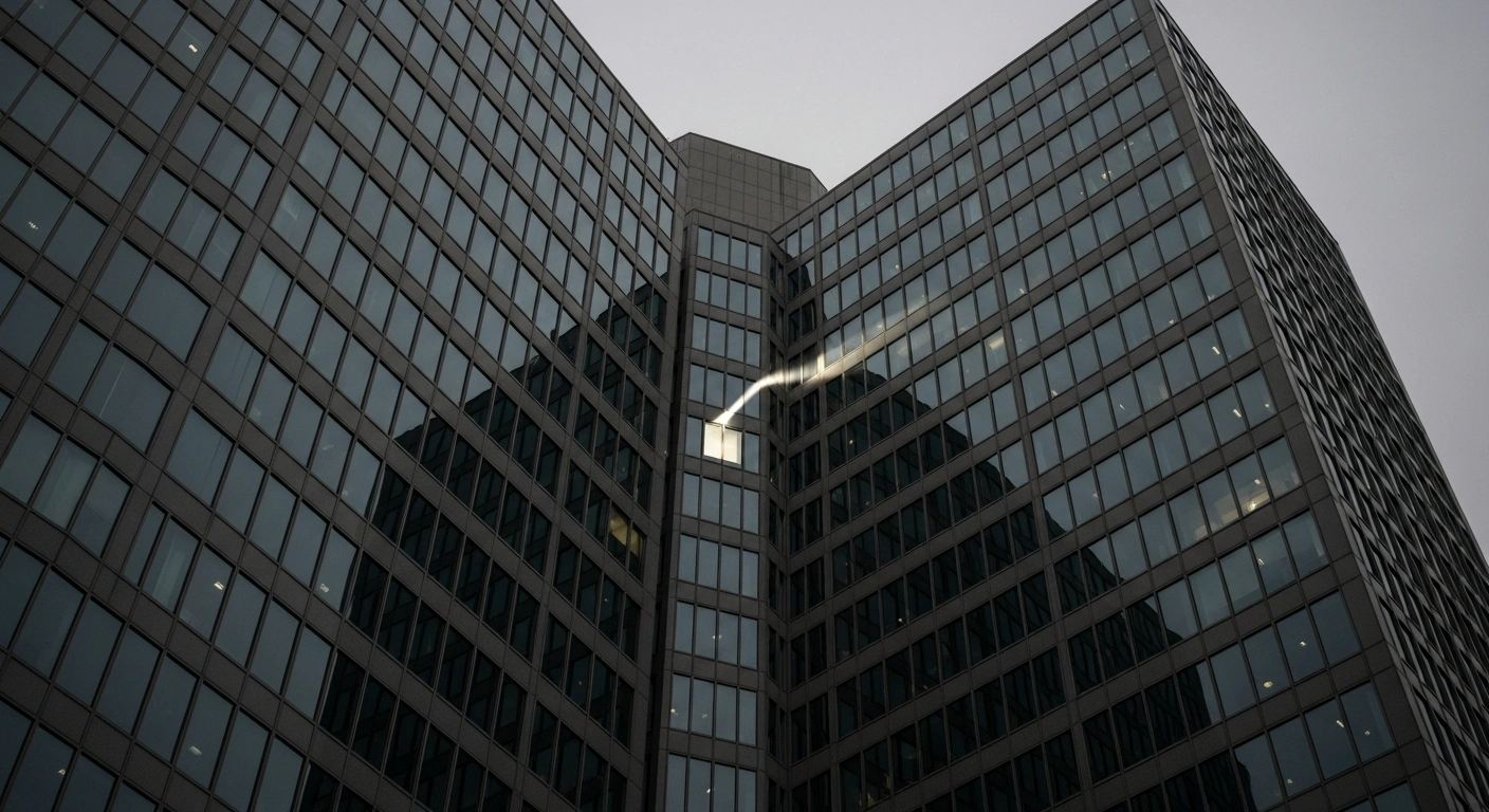 A low-angle shot of a modern corporate building with a glass facade reflecting a grey sky, illuminated by a single, piercing searchlight, symbolizing the anti-money laundering probe by Sweden's Financial Supervisory Authority into Swedbank's customer knowledge requirements.
