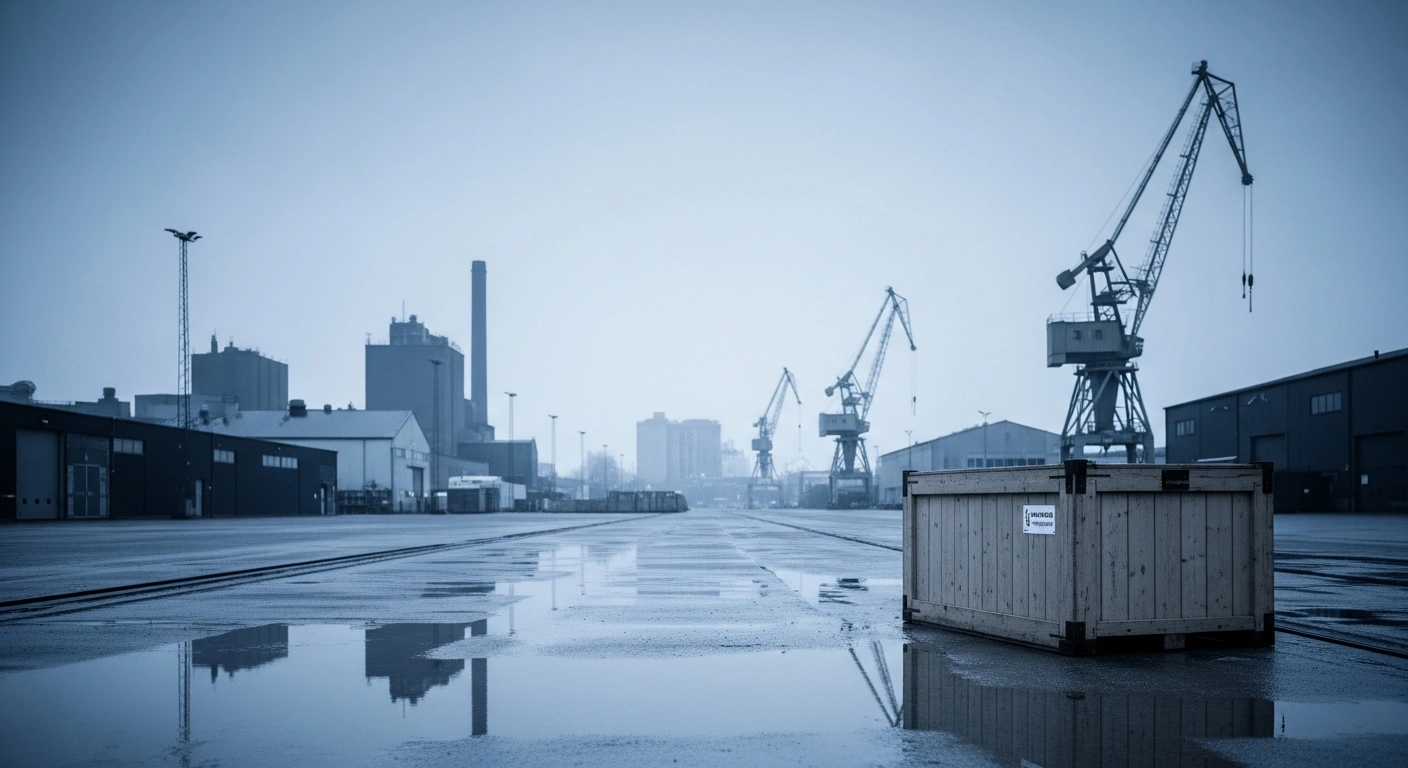 A desolate industrial landscape in Sweden represents the country's economic contraction and decline in GDP during the month of January.