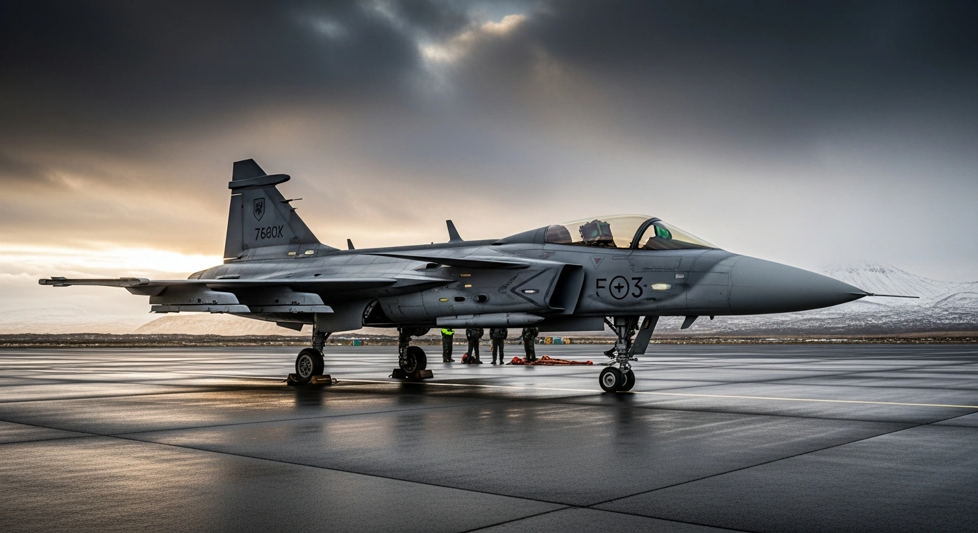 A Swedish JAS 39 Gripen fighter jet is parked on a tarmac at Keflavík Air Base in Iceland, with personnel nearby, symbolizing Sweden's new leadership role in a NATO air policing mission.