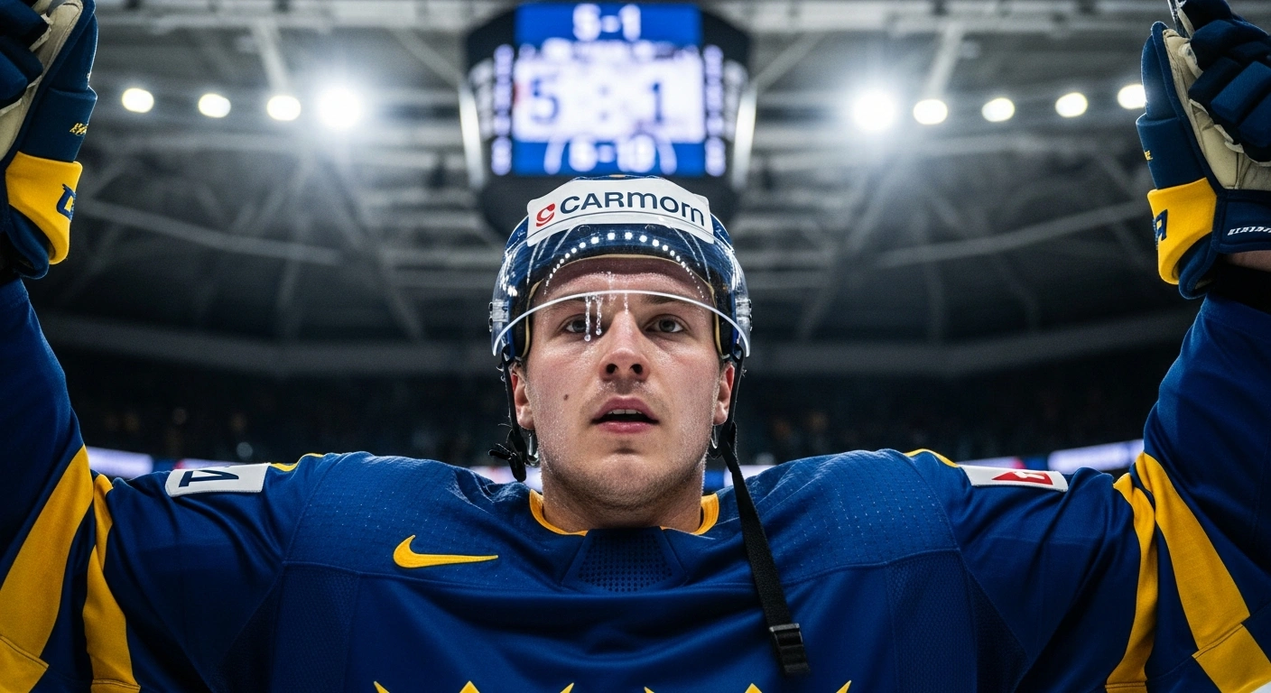 A triumphant Swedish men's ice hockey player, wearing a blue and yellow jersey, raises his arms in celebration on the ice after their 5-1 victory over Latvia, securing a spot in the Milano Cortina 2026 Winter Olympics quarterfinals against the United States.