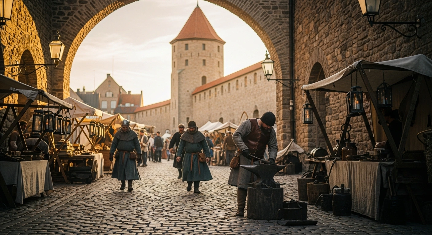 People in medieval costumes walk through a historic market in the UNESCO World Heritage city of Visby during Sweden's Medieval Week on Gotland island.