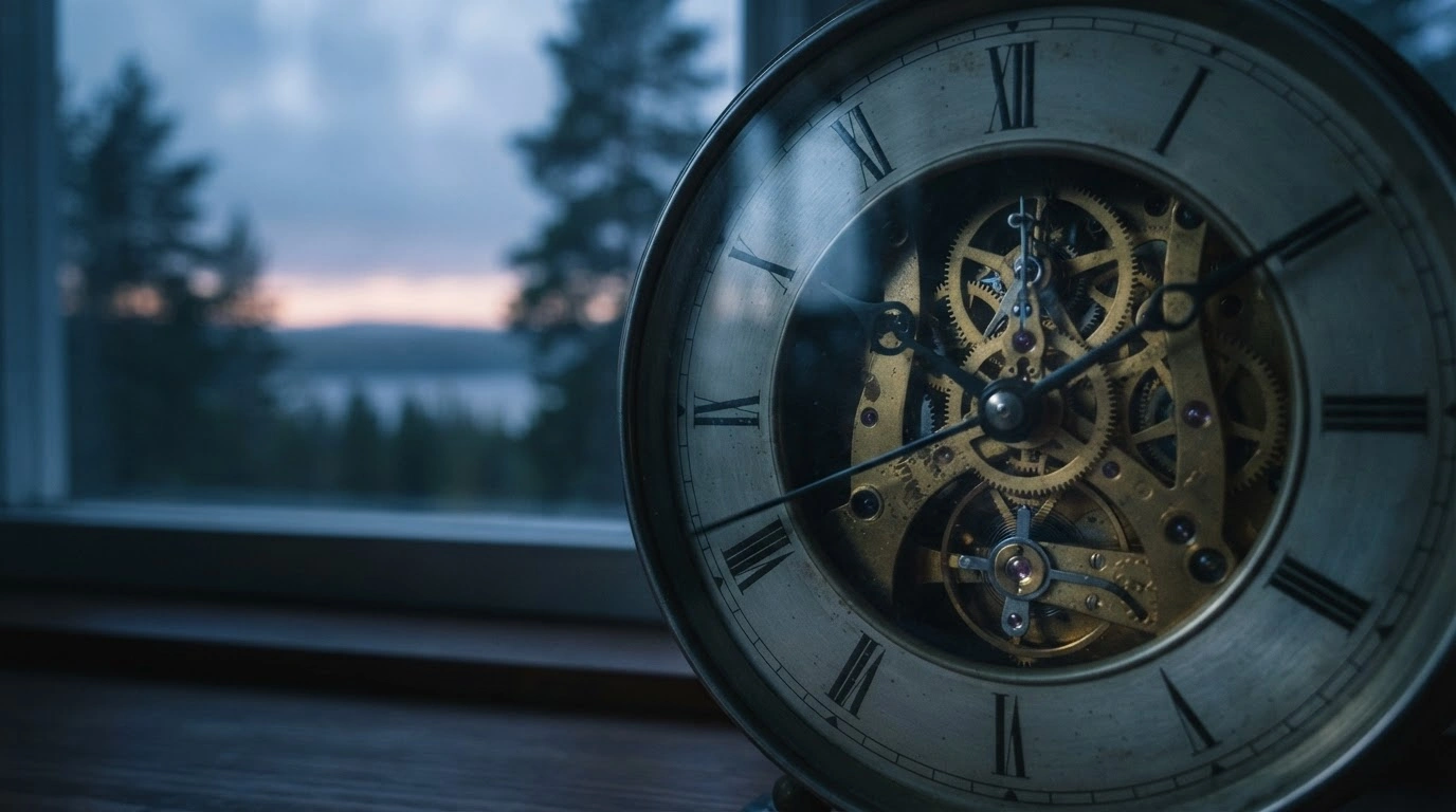 A close-up view of an analog clock face during the transition from daylight saving time to standard time in Sweden.