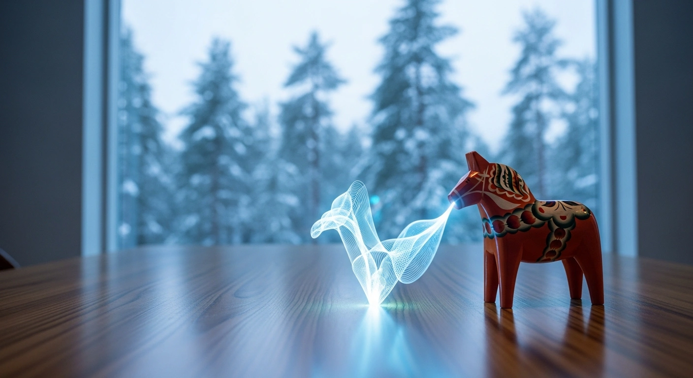 A serene scene featuring a glowing, abstract holographic AI projection illuminating a traditional Swedish Dala horse on a minimalist wooden table, with a tranquil, snow-dusted pine forest visible through a window in the background, symbolizing the Swedish government's new national AI language model embodying Swedish values and securing its digital future.