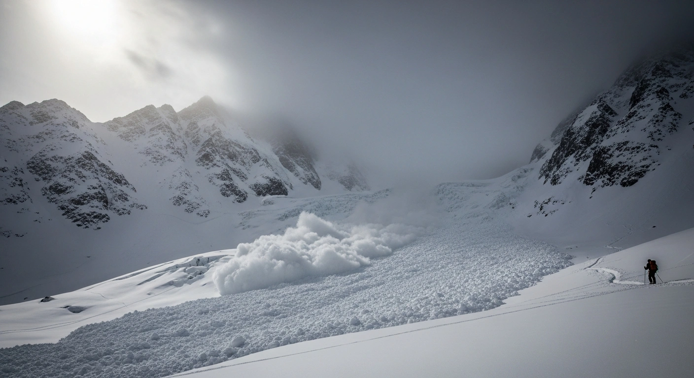A vast, snow-covered mountain range under a heavy grey sky, with a fresh avalanche debris field in the foreground, illustrating the extreme danger of a Level 3 avalanche warning in Swedish mountain regions.