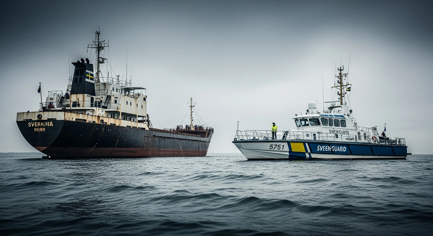 A Swedish Coast Guard patrol boat inspects a large, rusted Guinea-flagged cargo ship detained in the Baltic Sea due to safety concerns.