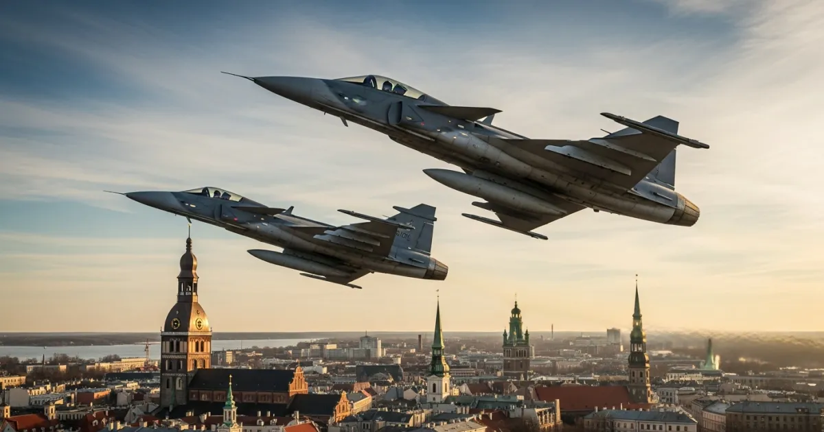 Swedish Air Force Conducts Flyover Above Riga for National Day