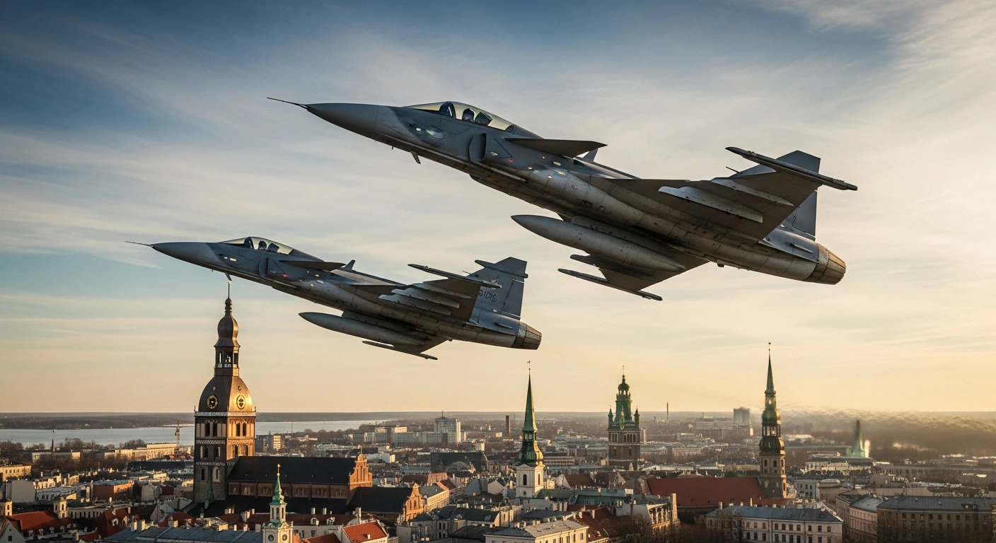 Two Swedish Air Force JAS 39 Gripen fighter jets perform a ceremonial flyover above the city of Riga, Latvia, to commemorate Sweden's National Day.