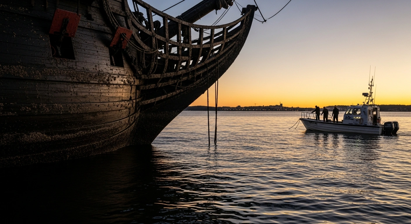 A 17th-century Swedish Navy shipwreck, partially emerged from unusually low Baltic Sea levels near Kastellholmen in Stockholm, is being examined by marine archaeologists from a small research vessel at sunset.