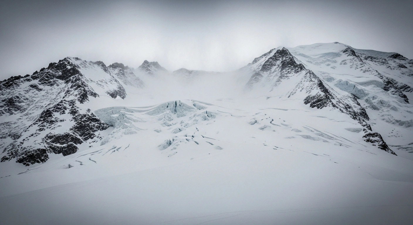 A vast, pristine, and menacing snow-covered mountain face in the Swiss Alps, with fine snow whipping across upper ridges under a heavy, diffused sky, illustrating the high avalanche danger warning (Level 4) after significant snowfall and strong winds.