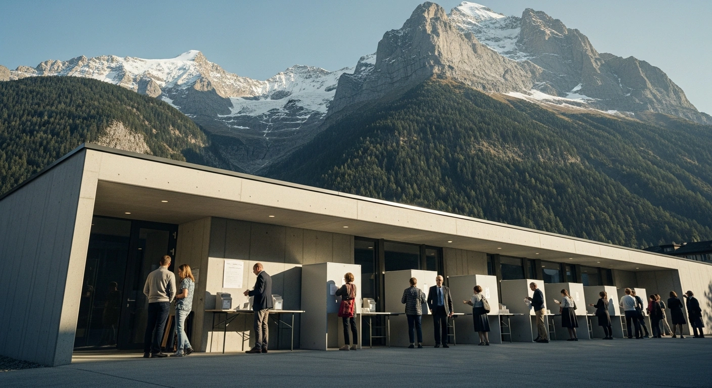 Swiss citizens participate in a national referendum by casting their votes at a polling station located in the Swiss Alps.