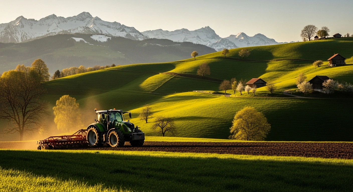 A modern tractor works in a lush Swiss field with the Alps in the background as the Swiss parliament considers new pesticide approval regulations.
