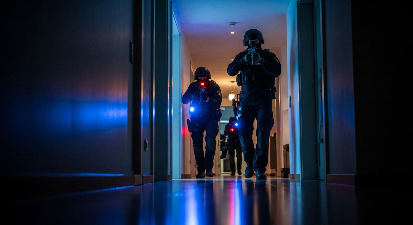 Swiss police officers conduct a tactical operation in a residential building to dismantle a criminal network involved in telephone scams.