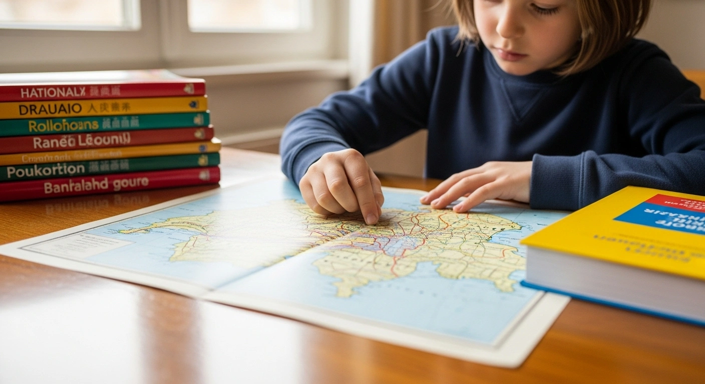 A young child with light hair sits at a wooden desk, gently tracing a map of Switzerland with their finger, surrounded by a stack of colorful books representing Swiss national languages and a single, brightly colored English textbook, symbolizing the Swiss Federal Council's initiative to ensure second national language teaching at primary level.