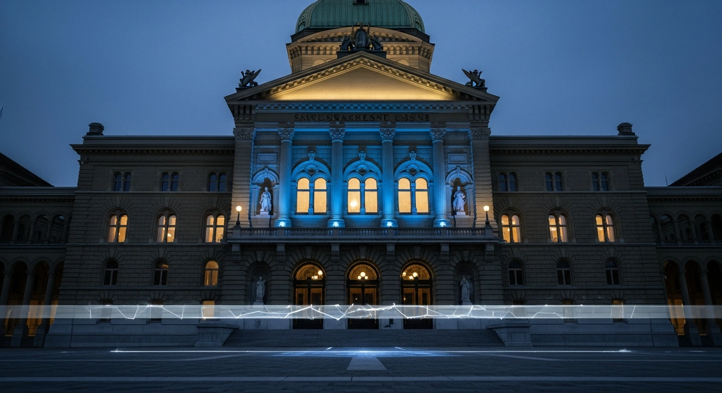 A dramatic low-angle view of the Swiss Parliament building at twilight, illuminated by cool blue and warm golden lights, with a subtle, fractured, translucent barrier hovering in the foreground, representing a debated population cap and its implications for international agreements.