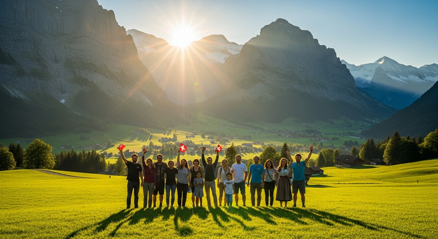 A group of optimistic Swiss residents stands in a lush mountain valley, representing the high level of public confidence in the stability of Switzerland.