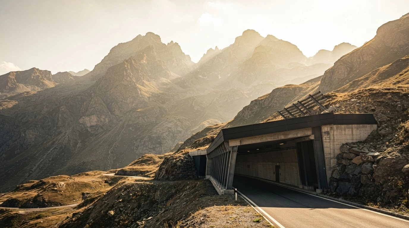 A modern reinforced tunnel entrance in the Swiss Alps stands as a symbol of Switzerland's climate adaptation strategy to protect infrastructure from extreme weather.