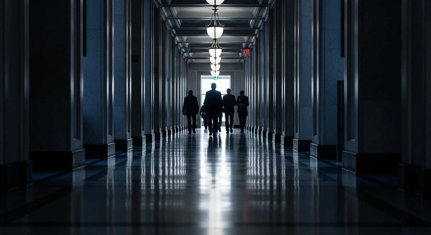 A dimly lit, somber embassy corridor shows a small group of figures in diplomatic attire walking away, symbolizing Switzerland's reduced embassy staff in Tehran and updated travel warnings for the Middle East due to escalating security concerns.