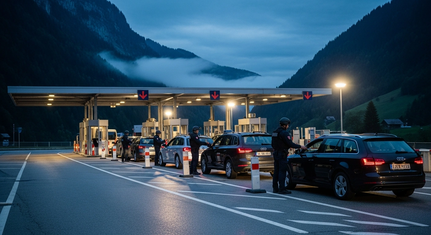 Swiss border officials conduct security checks on vehicles at the French border in preparation for the G7 summit in Evian-les-Bains.