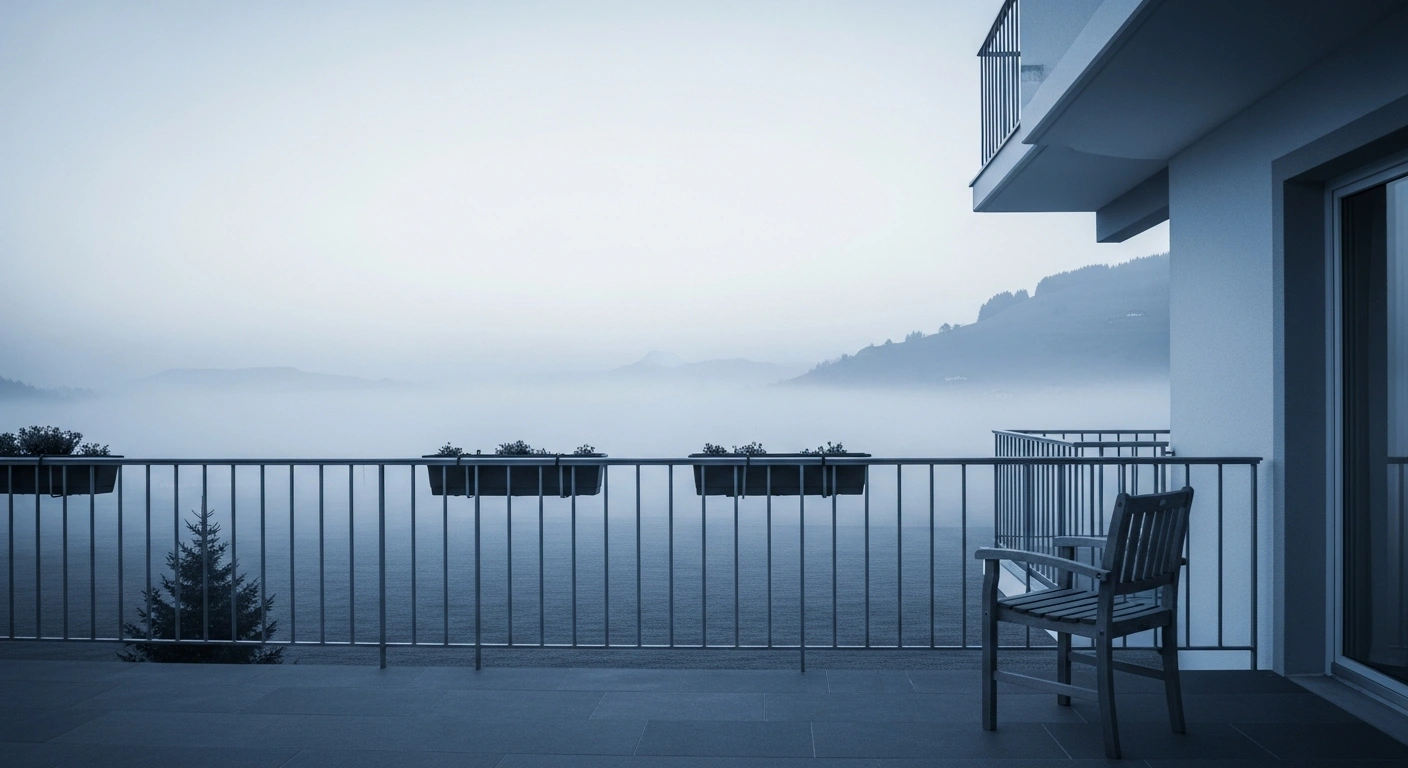 An empty balcony at a quiet Swiss hotel overlooking a misty mountain valley, illustrating the decline in Switzerland's tourism industry.