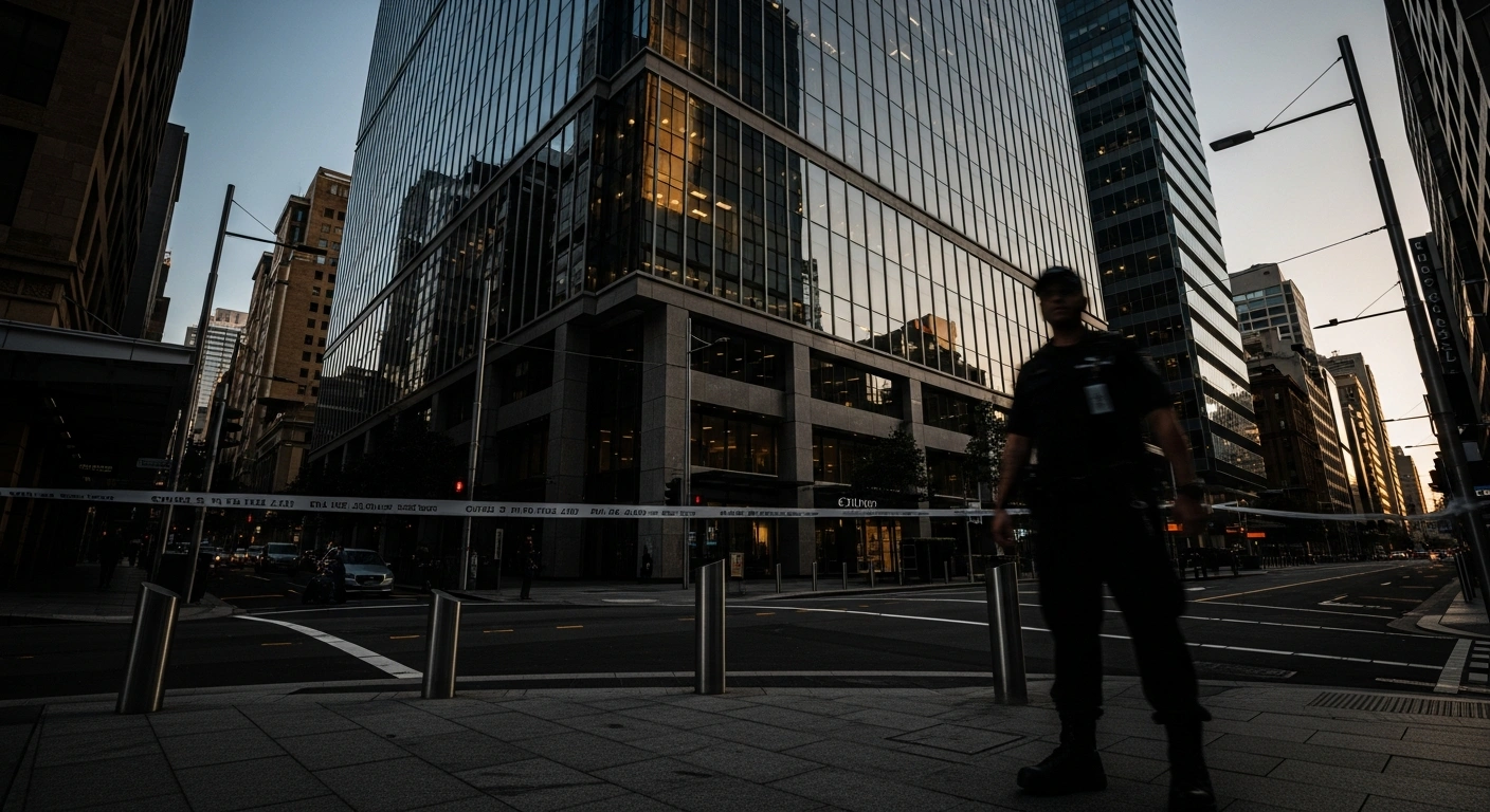 A security officer stands watch near a modern building in Sydney as the U.S. Consulate General issues a security alert regarding planned demonstrations.