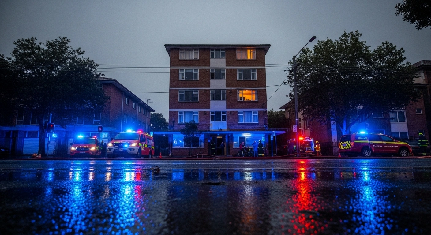 A low-angle, wide shot from a rain-slicked street showing a nondescript apartment building with a third-floor window glowing intermittently with orange light, and the street below illuminated by flashing blue and red emergency vehicle lights, depicting the scene of a shooting incident in Sydney's Croydon Park.