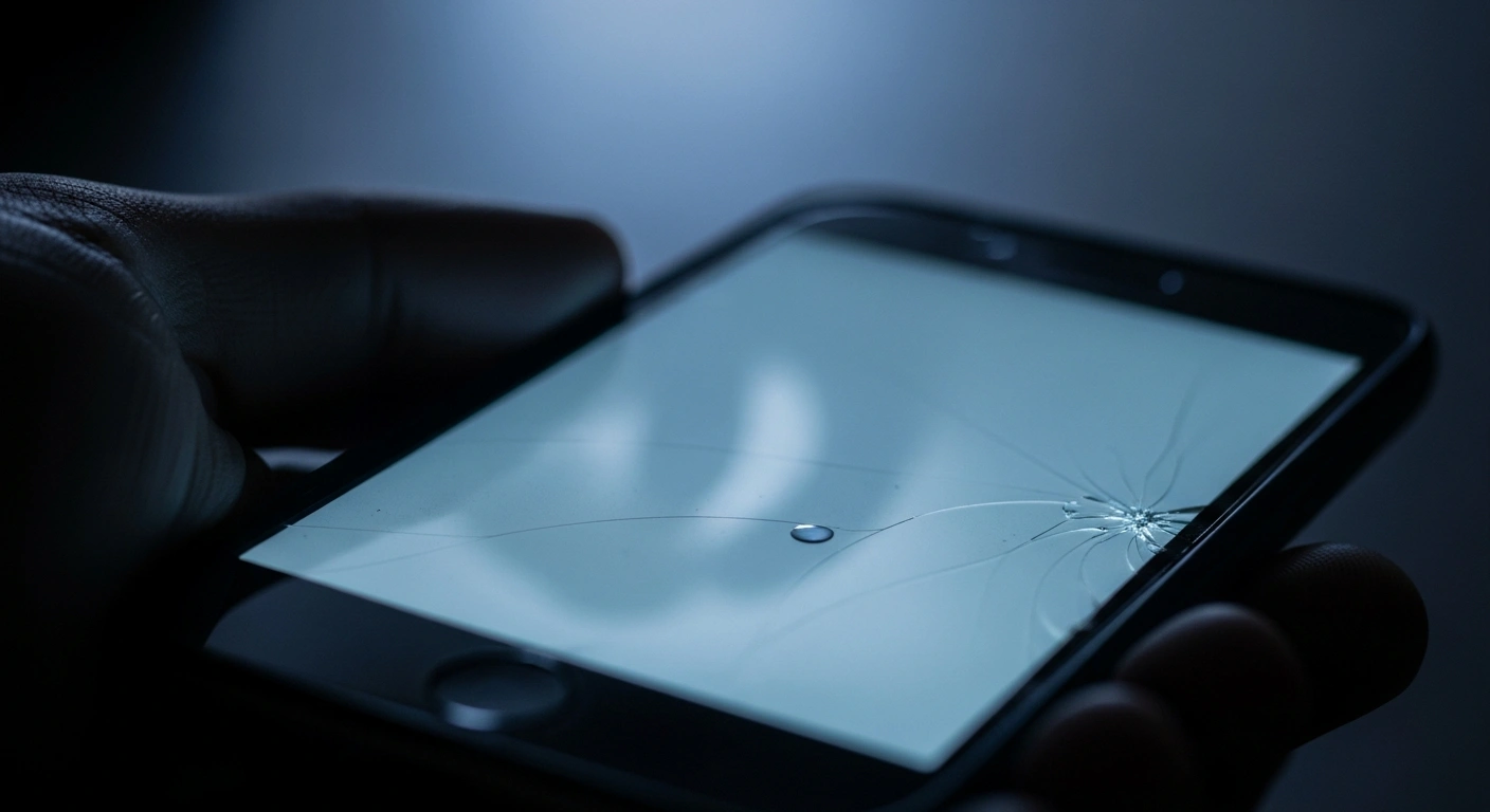 A dimly lit, older Samsung smartphone with a cracked screen is held by a trembling hand, reflecting a drop of moisture, illustrating the critical failure of a triple zero (000) emergency call for a Sydney resident using TPG's Lebara service due to outdated software.