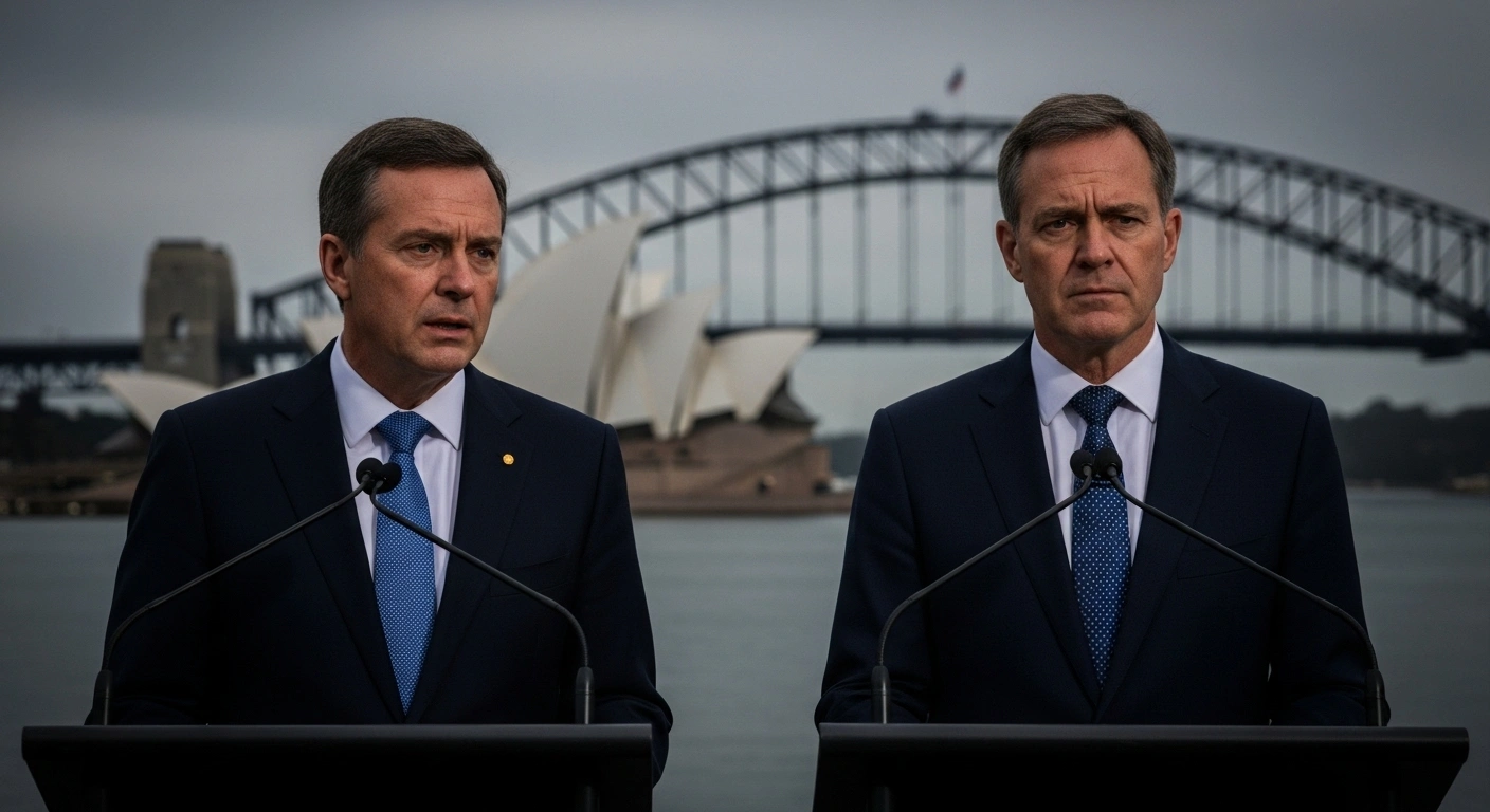 Two stern Australian political leaders, representing NSW Premier Chris Minns and Prime Minister Anthony Albanese, stand at a podium under harsh lighting, their expressions conveying grave concern as they condemn a controversial 'Glory to Our Martyrs' event planned for Sydney's Bankstown on October 7, 2025, marking the second anniversary of the Hamas attacks.