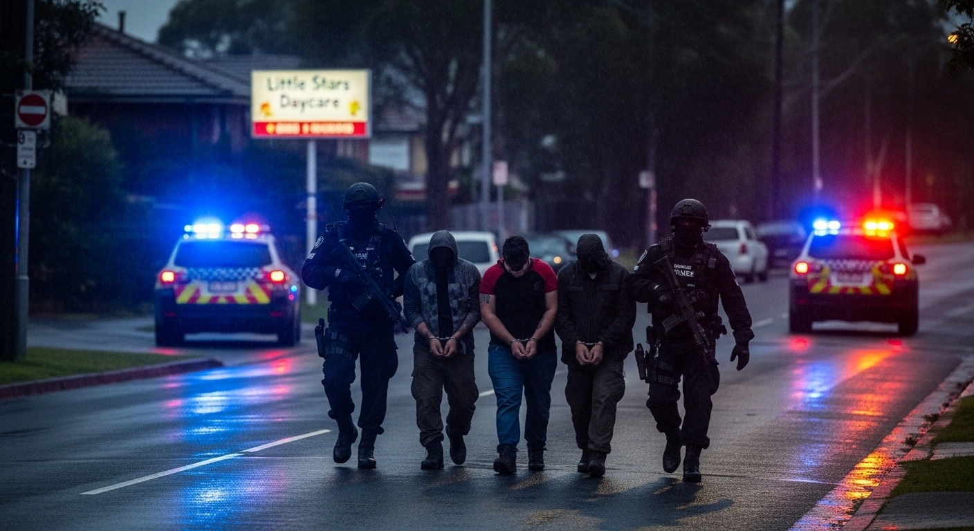 Heavily armed New South Wales Police officers escort three men in handcuffs on a rain-slicked street in Revesby, Sydney, under the flashing lights of emergency vehicles, with a blurred daycare center sign visible in the background, depicting the interception of an alleged 'kill team' charged with conspiracy to commit murder.