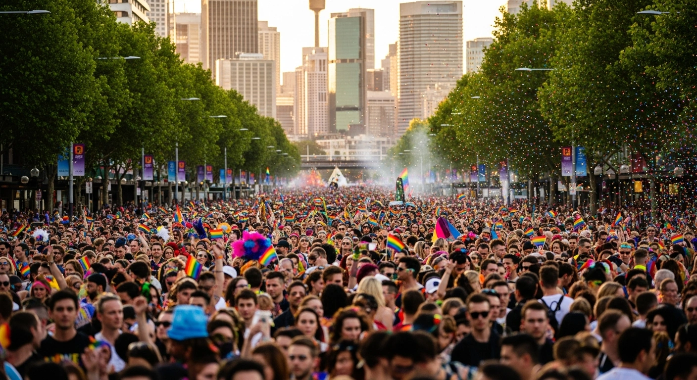 Thousands of participants in vibrant costumes march with expressions of LGBTQIA+ pride and protest during the Sydney Gay and Lesbian Mardi Gras Parade on March 2, 2024, along a historic street in Sydney, celebrating the 'Our Future…' theme.