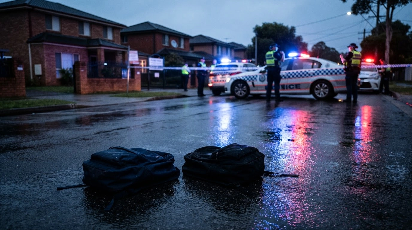 Police vehicles with flashing lights surround a school pickup area in Sydney following the arrest of a teenager for an alleged assassination plot.