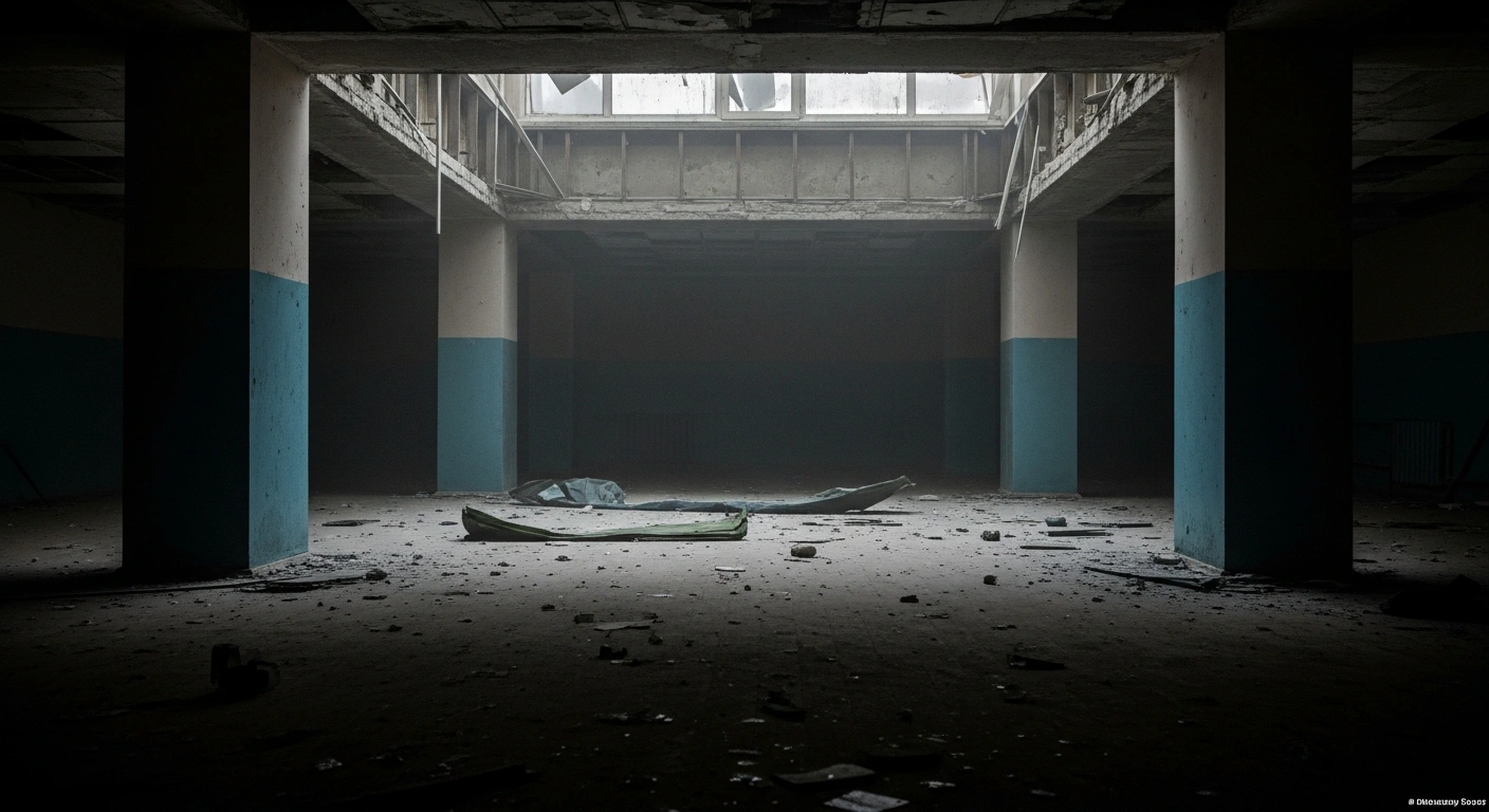 A dimly lit, partially damaged corridor inside the Ministry of Internal Affairs' professional training center in Syktyvkar, Komi Republic, showing the aftermath of a training grenade explosion that injured 24 people and resulted in one fatality.