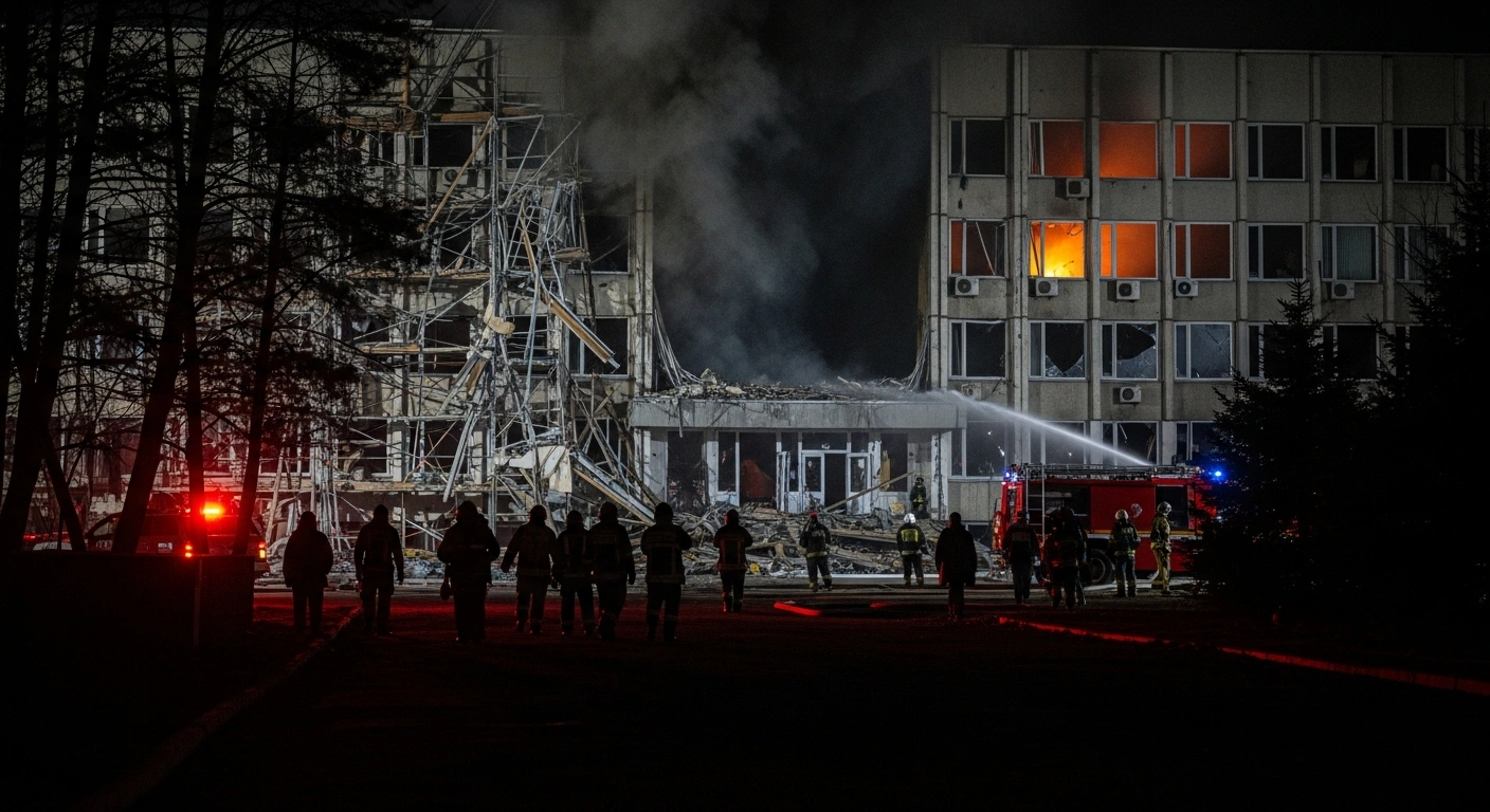 Emergency services and civilians are present amidst smoke and debris outside a Ministry of Internal Affairs training center in Syktyvkar, Russia, following an explosion and fire during construction work that resulted in injuries and evacuations.