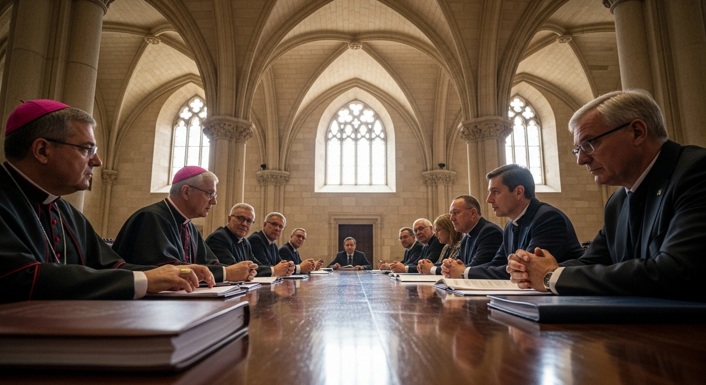 A diverse group of clergy and lay individuals, including women, are gathered around a long, polished wooden table in a grand, vaulted chamber, reviewing thick, leather-bound interim reports on topics such as the role of women and priestly formation, symbolizing the ongoing Synod on Synodality and concrete reforms within the Catholic Church.