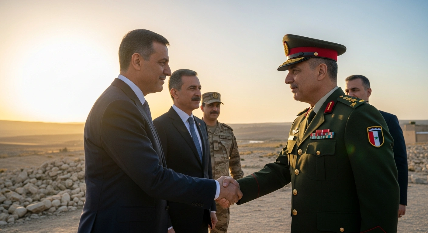 Syrian President Ahmad al-Sharaa and SDF Commander Mazloum Abdi shake hands, symbolizing the ceasefire agreement and the integration of the Syrian Democratic Forces into the Syrian state, with a diplomat observing, reflecting Saudi Arabia's welcome and U.S. brokering efforts for enhanced stability.