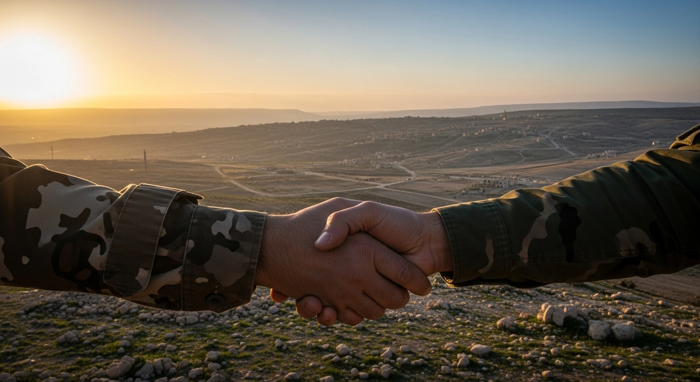 A wide, cinematic shot at sunrise shows two distinct hands, one military-style and one civilian, clasped in a firm handshake over a landscape blending rugged terrain with signs of reconstruction, symbolizing the comprehensive ceasefire agreement between the Syrian government and the Syrian Democratic Forces, welcomed by Saudi Arabia for fostering peace and national unity.
